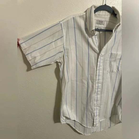 Men’s Arrow Dover White, Tan And Blue Striped With Pocket Button Down Shirt 16.5 - Picture 11 of 11